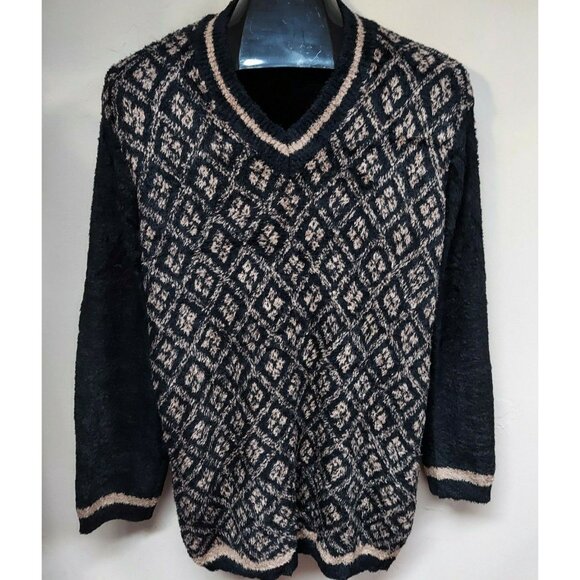 French Connection Barn Medium Textured V-neck Diamond Sweater Pullover Black - Picture 1 of 6